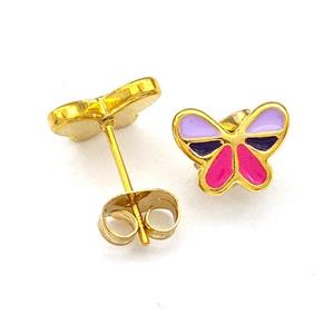 Stainless Steel Butterfly Stud Earrings Multicolor Enamel Gold Plated, approx 7-9mm