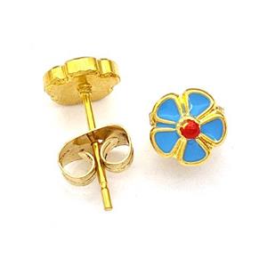 Stainless Steel Flower Stud Earring Blue Enamel Gold Plated, approx 6.5mm