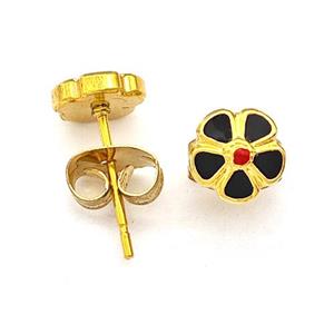 Stainless Steel Flower Stud Earring Black Enamel Gold Plated, approx 6.5mm