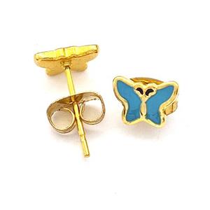 Stainless Steel Butterfly Stud Earring Teal Enamel Gold Plated, approx 5.5-7.5mm