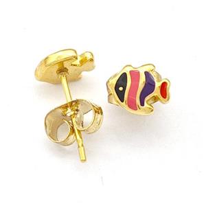 Stainless Steel Fish Stud Earring Multicolor Enamel Gold Plated, approx 6-7mm