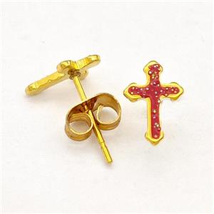 Stainless Steel Cross Stud Earring Pave Fire Opal Gold Plated, approx 6.5-9.5mm