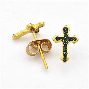 Stainless Steel Cross Stud Earring Pave Fire Opal Gold Plated, approx 6.5-9.5mm