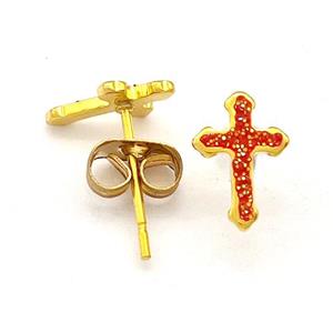 Stainless Steel Cross Stud Earring Pave Fire Opal Gold Plated, approx 6.5-9.5mm