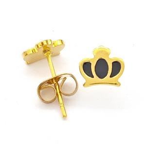 Stainless Steel Crown Stud Earring Black Enamel Gold Plated, approx 6-7mm