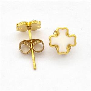 Stainless Steel Cross Stud Earring White Enamel Gold Plated, approx 7mm