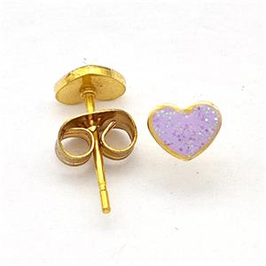 Stainless Steel Heart Stud Earring Pave Lavender Fire Opal Gold Plated, approx 6mm