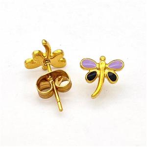 Stainless Steel Dragonfly Stud Earring Enamel Gold Plated, approx 8mm