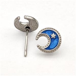 Raw Stainless Steel Moon Star Stud Earring Blue Enamel, approx 8.5mm