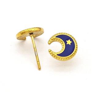 Stainless Steel Moon Star Stud Earring Darkblue Enamel Gold Plated, approx 8.5mm