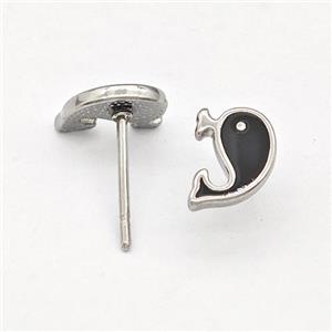 Raw Stainless Steel Dolphin Stud Earring Black Enamel, approx 6-8mm