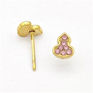 Stainless Steel Gourd Stud Earring Pave Pink Rhinestone Gold Plated, approx 5-6.5mm