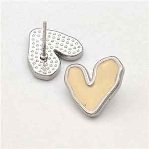 Raw Stainless Steel Heart Stud Earring Pink Enamel, approx 12-13mm