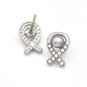 Raw Stainless Steel Stud Earring Pave Rhinestone Pearlized Resin Awareness Ribbons, approx 7-11mm