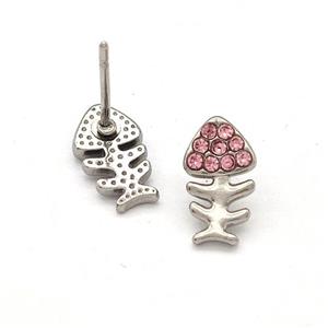 Raw Stainless Steel Fishbone Stud Earrings Pave Pink Rhinestone, approx 6-10mm