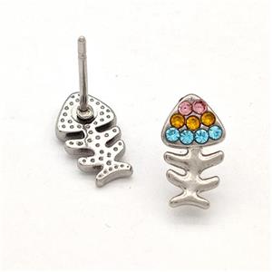 Raw Stainless Steel Fishbone Stud Earrings Pave Multicolor Rhinestone, approx 6-10mm