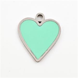 Raw Stainless Steel Heart Pendant Apple Green Enamel, approx 16mm