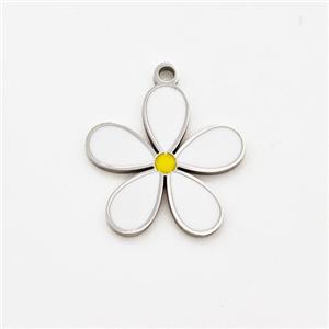 Raw Stainless Steel Flower Pendant White Enamel, approx 14mm