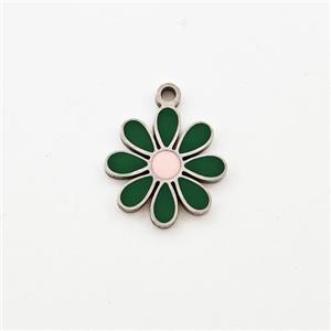 Raw Stainless Steel Flower Pendant Green Enamel, approx 11mm