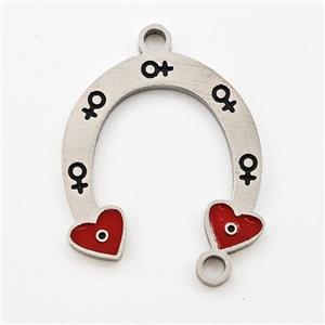 Raw Stainless Steel Horseshoe Pendant Heart Red Enamel, approx 17-18mm