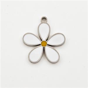 Raw Stainless Steel Flower Pendant White Enamel, approx 14mm