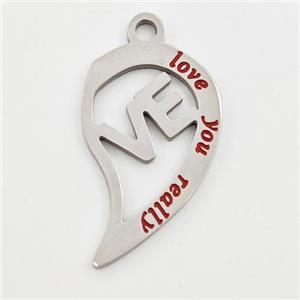 Raw Stainless Steel Split Heart Pendant Enamel LOVE, approx 14-23mm