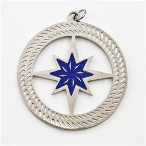 Raw Stainless Steel Compass Pendant Blue Enamel, approx 28mm