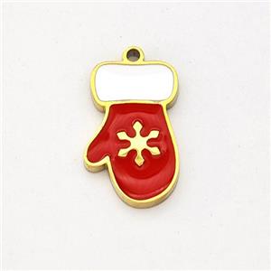 Christmas Mitten Charms Stainless Steel Pendant Red Enamel Gold Plated, approx 8-13mm