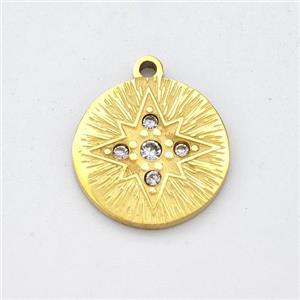 Stainless Steel Northstar Pendant Pave Rhinestone Circle Gold Plated, approx 14mm