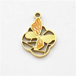 Stainless Steel Butterfly Pendant Orange Painted Gold Plated, approx 12-15mm