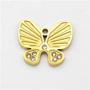 Stainless Steel Butterfly Pendant Micro Pave Rhinestone Gold Plated, approx 14-16mm