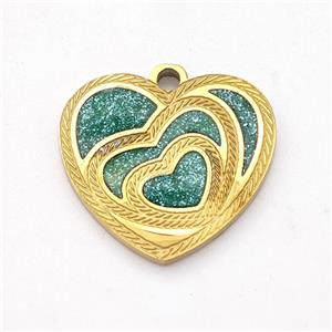 Stainless Steel Heart Pendant Green Painted Gold Plated, approx 17mm