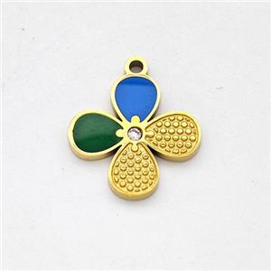 Stainless Steel Clover Pendant Blue Green Enamel Gold Plated, approx 15mm