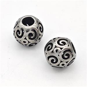 Stainless Steel Round Beads Hollow Large Hole Antique Silver, approx 9-10mm, 4mm hole