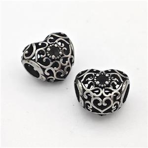 Stainless Steel Heart Beads Hollow Large Hole Antique Silver, approx 10.5mm, 4mm hole