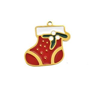 Christmas Stocking Charms 304 Stainless Steel Pendant Enamel Gold Plated, approx 12-15mm