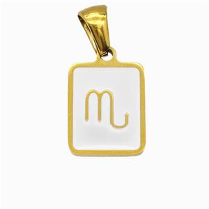 Stainless Steel Symbol Pendant Zodiac Scorpio White Enamel Rectangle Gold Plated, approx 11-13mm