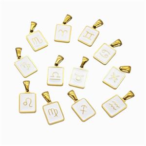 Stainless Steel Symbol Pendant Zodiac White Enamel Rectangle Gold Plated Mixed, approx 11-13mm