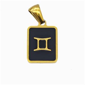 Stainless Steel Symbol Pendant Zodiac Gemini Black Enamel Rectangle Gold Plated, approx 11-13mm