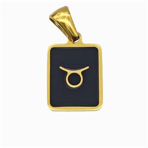 Stainless Steel Symbol Pendant Zodiac Taurus Black Enamel Rectangle Gold Plated, approx 11-13mm