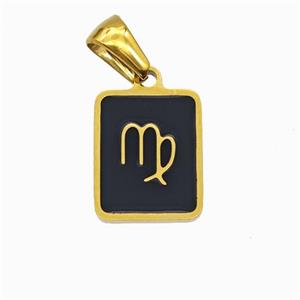 Stainless Steel Symbol Pendant Zodiac Virgo Black Enamel Rectangle Gold Plated, approx 11-13mm