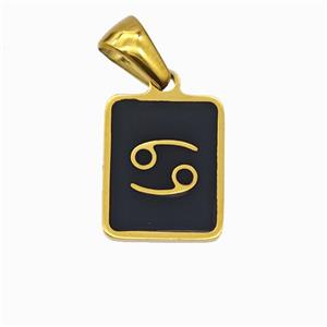 Stainless Steel Symbol Pendant Zodiac Cancer Black Enamel Rectangle Gold Plated, approx 11-13mm