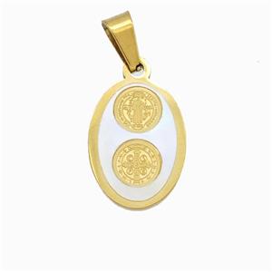 Jesus Charms Stainless Steel Oval Pendant Pave Shell Gold Plated, approx 13-18mm