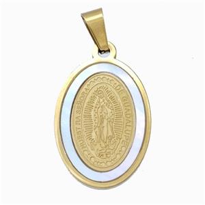 Virgin Mary Charms Stainless Steel Oval Pendant Pave Shell Gold Plated, approx 17-25mm