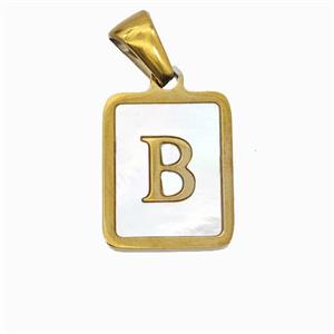 Stainless Steel Rectangle Pendant Pave Shell Letter-B Gold Plated, approx 12-15mm