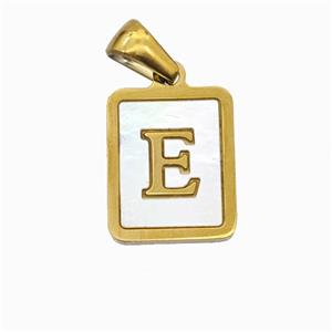 Stainless Steel Rectangle Pendant Pave Shell Letter-E Gold Plated, approx 12-15mm