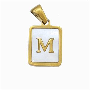 Stainless Steel Rectangle Pendant Pave Shell Letter-M Gold Plated, approx 12-15mm