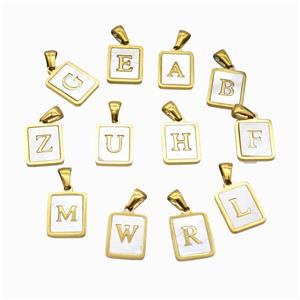 Stainless Steel Rectangle Alphabet Pendant Pave Shell Gold Plated Mix Letters, approx 12-15mm