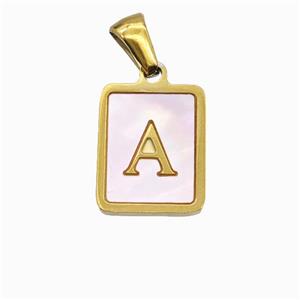 Stainless Steel Rectangle Pendant Pave Pink Shell Letter-A Gold Plated, approx 12-15mm