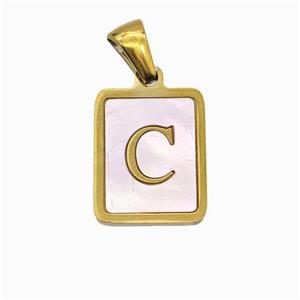 Stainless Steel Rectangle Pendant Pave Pink Shell Letter-C Gold Plated, approx 12-15mm